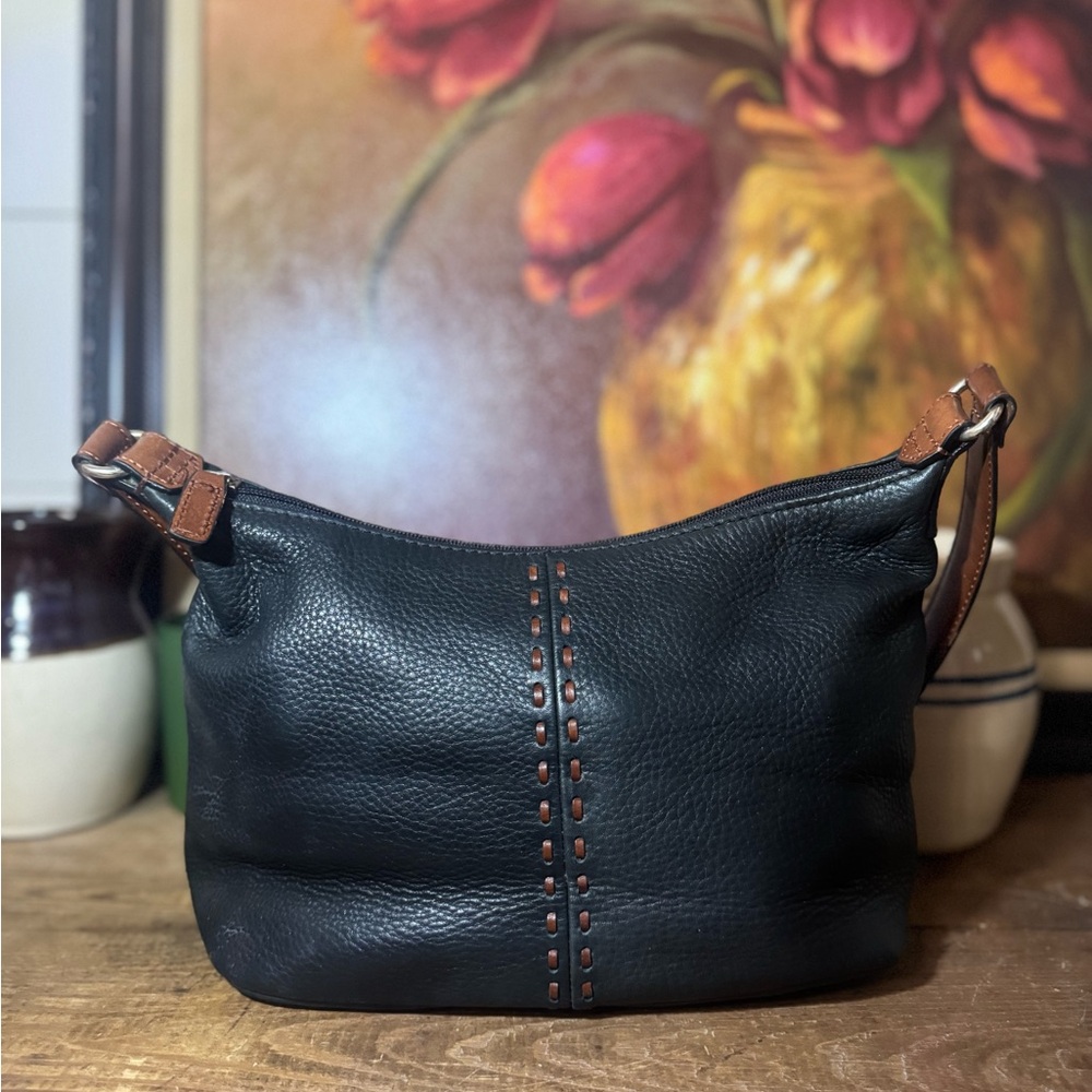 Fossil Black Leather Hobo Bag with Brown Accents #75802 - Picture 1 of 13